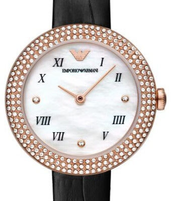 Emporio Armani Rosa Quartz Mother Of Pearl White Dial Black Leather Strap Watch For Women - AR11356